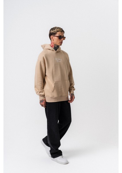 Erkek Far From Basic Nakışlı Kapüşonlu Oversize Hoodie Bej fırsatları