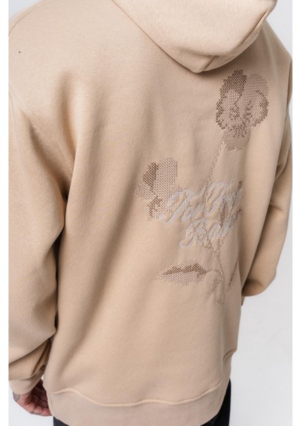 Erkek Far From Basic Nakışlı Kapüşonlu Oversize Hoodie Bej indirimleri