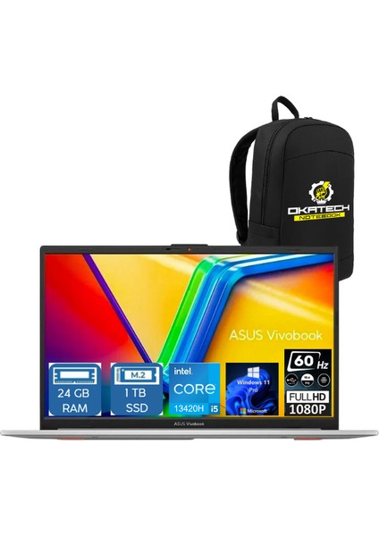 Vivobook 15 X1502VA-NJ870 I5-13420H 24GB Ram 1 Tb SSD 15.6" Fullhd W11 Pro Notebook + Okatech Çanta