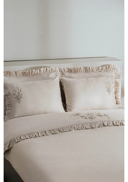 Zaira Bej Çift Kişilik %100 Organik Pamuk El Nakışlı Nevresim Takımı