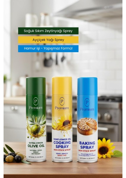 Sprey Yağ Serisi, Zeytinyağı, Ayçiçek Yağı ve Hamur Işleri Sprey Yağ, 3 x 250 ml