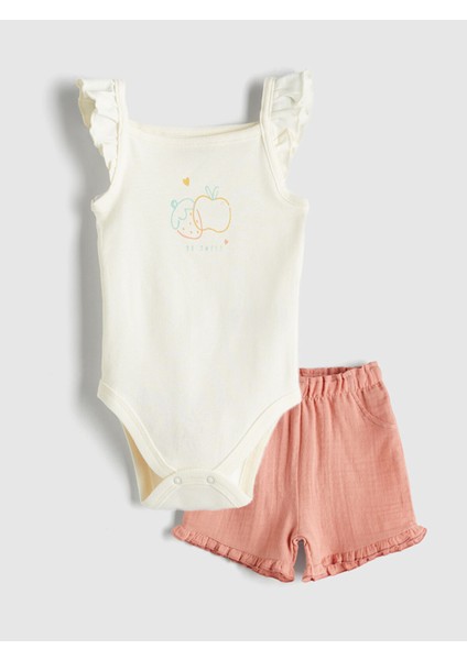 Yeni Sezon Bisiklet Yaka Kız Bebek Çıtçıtlı Body ve Şort 2'li