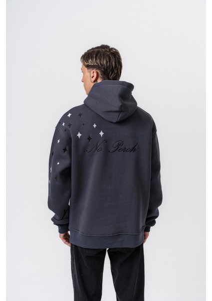 Erkek No Perch Nakışlı Kapüşonlu Oversize Hoodie Füme modelleri