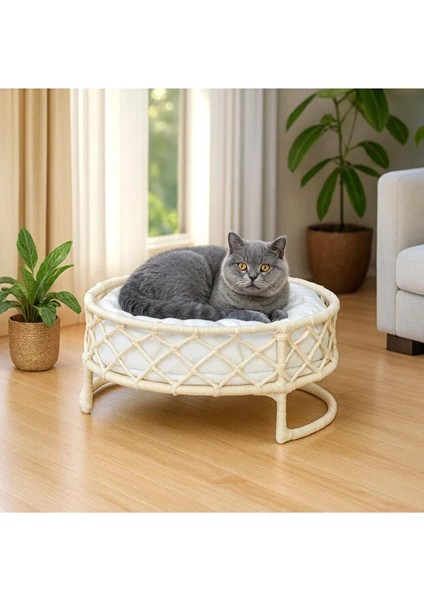 Kedi ve Köpek Iskandinav El Örgüsü Kedi Yatağı, Kedi Yuvası Krem
