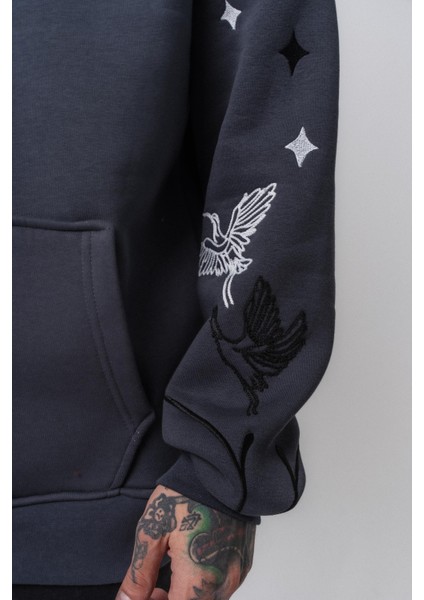 Erkek No Perch Nakışlı Kapüşonlu Oversize Hoodie Füme fırsatları