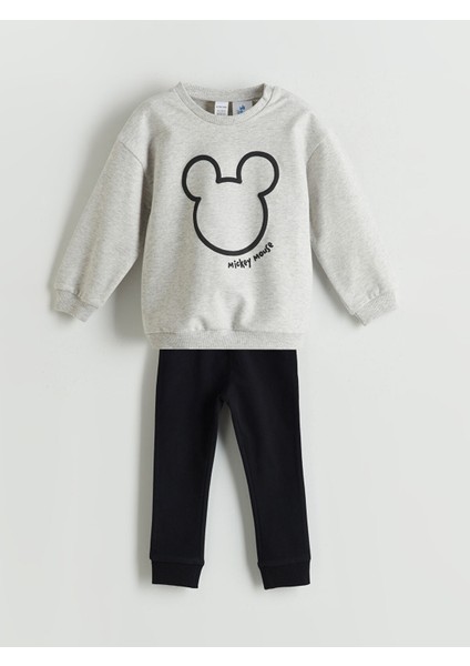 Yeni Sezon Bisiklet Yaka Mickey Mouse Baskılı Erkek Bebek Sweatshirt ve Eşofman Alt