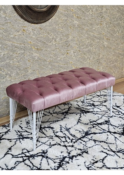 Beyaz Boyalı Tel Ayaklı 90 cm Puf Bench - Puf - Bench - Kasalı Oturak - Oturak - Yatak Ucu Puf Pembe Renk 90 x 41 Boyut/ebat