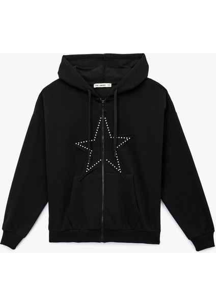 Cepli Kapüşonlu Fermuarlı Suni Süet Detaylı Oversize Taşlı Sweatshirt
