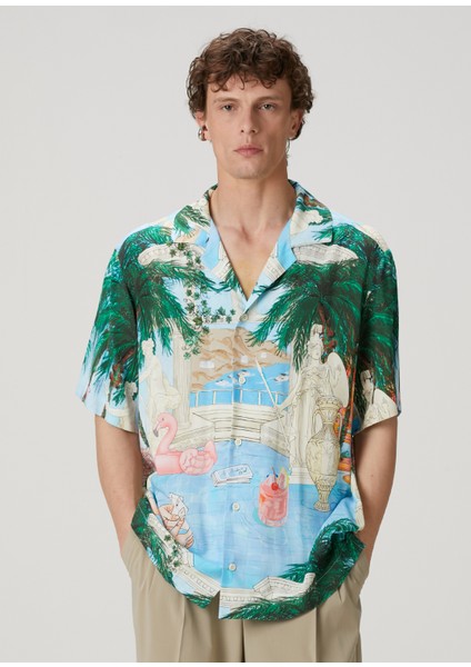 Yeşil Manzara Baskılı Hawaii Gömlek modelleri