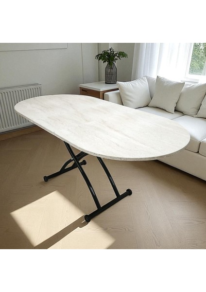 Ortadan Açılır Oval Akıllı Masa Mdf Tabla Traverten Alt Ayak Metal