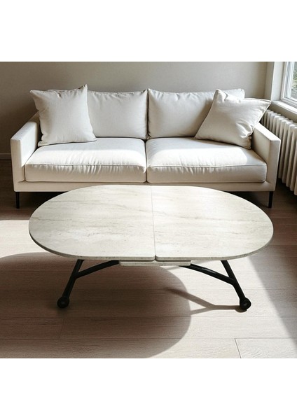 Ortadan Açılır Oval Akıllı Masa Mdf Tabla Traverten Alt Ayak Metal fiyatları