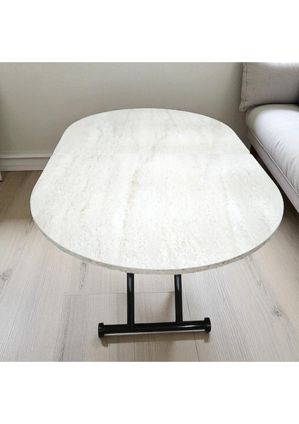 Ortadan Açılır Oval Akıllı Masa Mdf Tabla Traverten Alt Ayak Metal modelleri