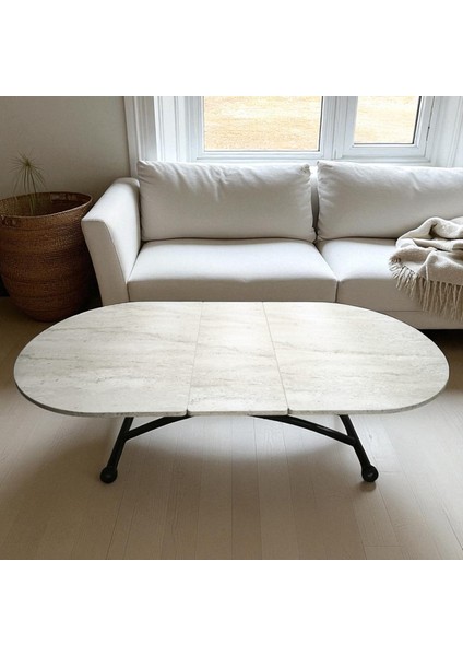 Ortadan Açılır Oval Akıllı Masa Mdf Tabla Traverten Alt Ayak Metal fırsatları