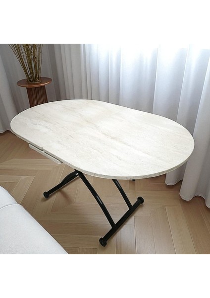 Ortadan Açılır Oval Akıllı Masa Mdf Tabla Traverten Alt Ayak Metal indirimleri
