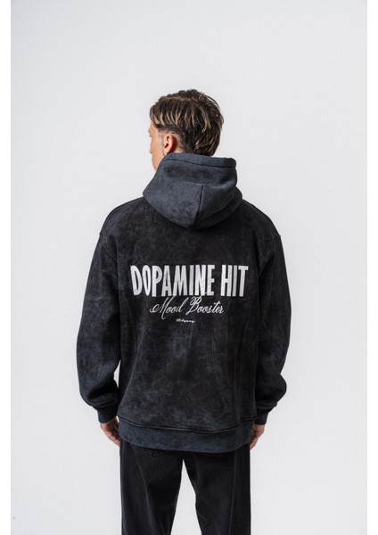 Erkek Dopamine Hit Baskılı Kapüşonlu Oversize Hoodie Siyah