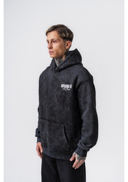 Erkek Dopamine Hit Baskılı Kapüşonlu Oversize Hoodie Siyah modelleri
