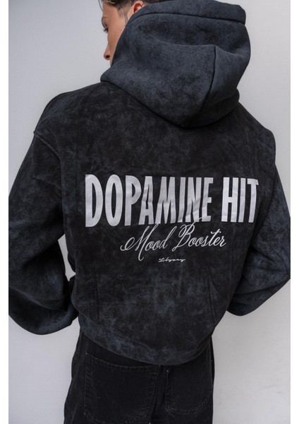 Erkek Dopamine Hit Baskılı Kapüşonlu Oversize Hoodie Siyah fırsatları