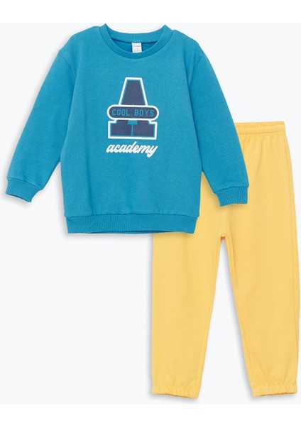 Yeni Sezon Bisiklet Yaka Baskılı Erkek Bebek Sweatshirt ve Eşofman Alt 2'li Takım modelleri