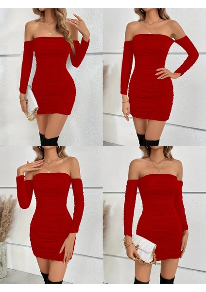 Kadın Uzun Kollu Omuzlardan Açık Takma Kollu Büzgülü Sandy Kısa Elbise modelleri