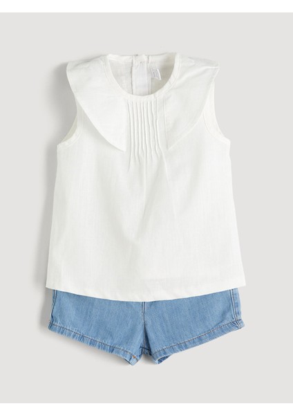 Yeni Sezon Fırfırlı Yaka Kız Bebek Bluz ve Jean Şort 2'li