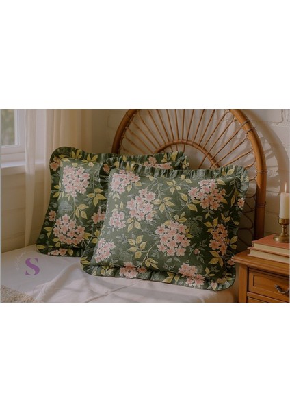 Bahar Çiçekli % 100 Pamuk Dört Tarafı Fırfırlı Yastık Kılıfı 2 Adet