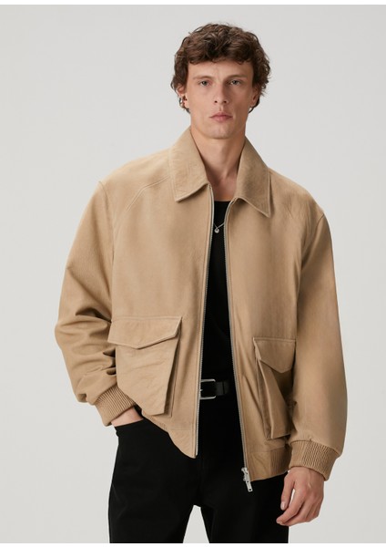 Camel Deri Bomber Ceket