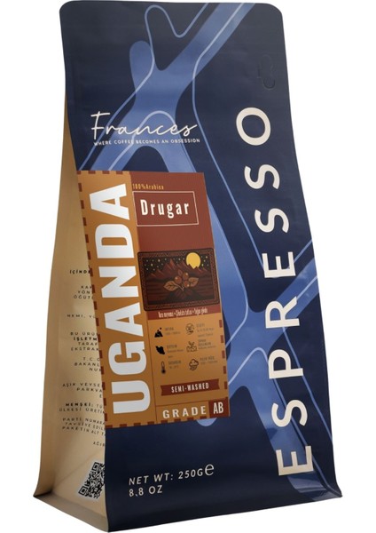 %100 Arabica Uganda Drugar Espresso | Çekirdek Kahve | 3X250 gr fiyatları