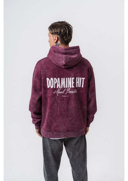 Erkek Dopamine Hit Baskılı Kapüşonlu Oversize Hoodie Vişne