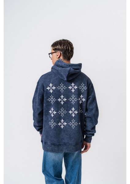 Erkek Muse Baskılı Yıkamalı Kapüşonlu Oversize Hoodie Lacivert