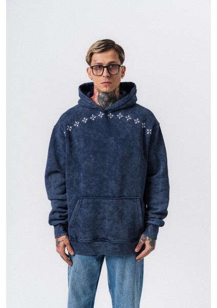 Erkek Muse Baskılı Yıkamalı Kapüşonlu Oversize Hoodie Lacivert fiyatları