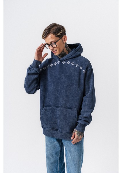 Erkek Muse Baskılı Yıkamalı Kapüşonlu Oversize Hoodie Lacivert modelleri