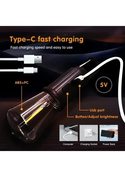 Rustik Taşınabilir Şarjlı Tasarruflu Ampul 10W LED Lamba Type-C Şarj Askılı Asma Aydınlatma T020 (4887) fırsatları