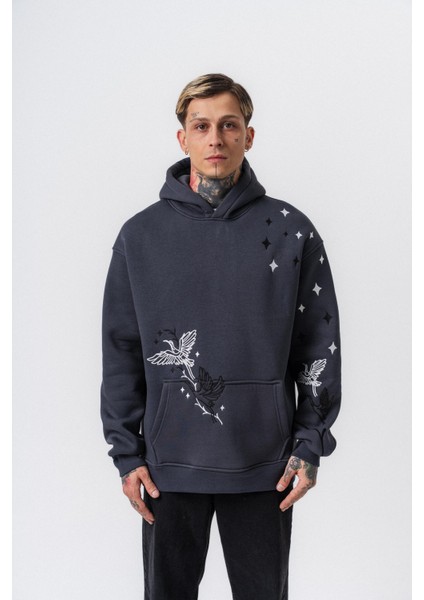 Erkek No Perch Nakışlı Kapüşonlu Oversize Hoodie Füme