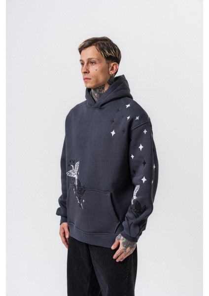 Erkek No Perch Nakışlı Kapüşonlu Oversize Hoodie Füme fiyatları
