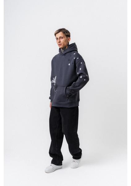 Erkek No Perch Nakışlı Kapüşonlu Oversize Hoodie Füme indirimleri