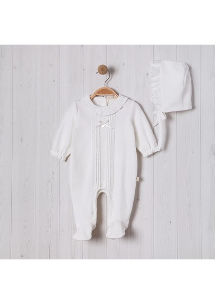 Nervürlü Yakası Fırfırlı Şapkalı Bebe Kız Tulum