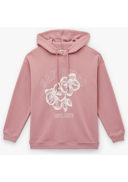 Kapüşonlu Çiçek Baskılı Oversize Sweatshirt