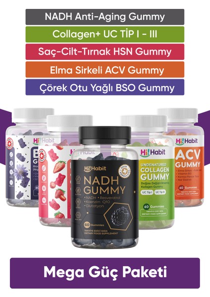 Nadh Koenzin Q10, Bso Çörek Otu Yağı, Hsn Saç, Cilt, Tırnak, Acv Elma Sirkesi, Kolajen Tip1 - Tip3 Takviye Edici Gıda Seti