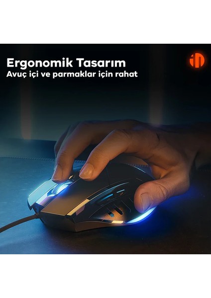 Inphic W1 Sessiz Tıklama Özellikli Ergonomik Kablolu Oyun Mouse Fare 1200/7200DPI-(1903) fiyatları