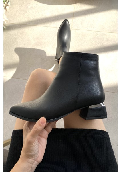 Siyah Cilt 4 cm Kalın Galvaniz Topuklu Şık Günlük Kadın Bot TMD2024800 indirimleri