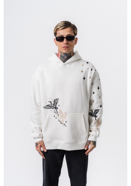 Erkek No Perch Nakışlı Kapüşonlu Oversize Hoodie Ekru