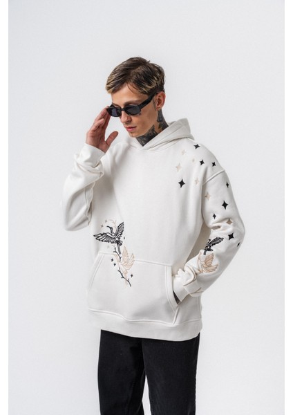 Erkek No Perch Nakışlı Kapüşonlu Oversize Hoodie Ekru fiyatları