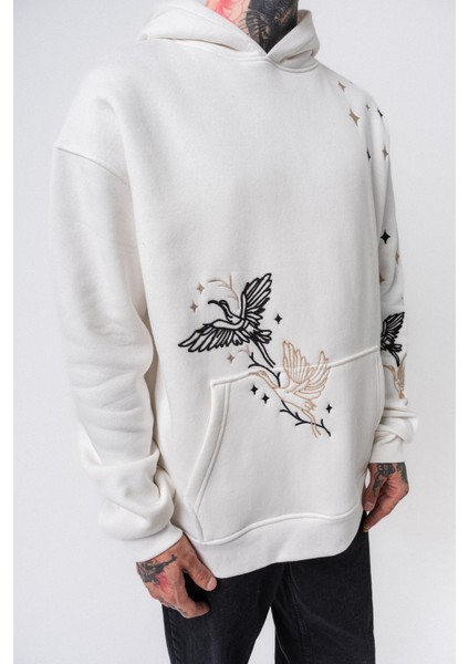 Erkek No Perch Nakışlı Kapüşonlu Oversize Hoodie Ekru fırsatları
