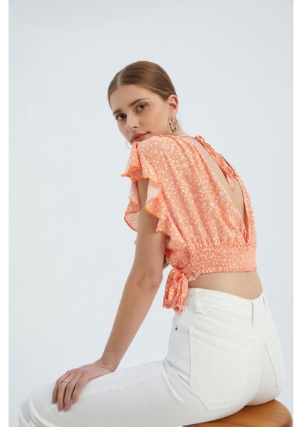 Kadın Çiçek Desenli V Yaka Yan Bağlamalı Crop Top Pink