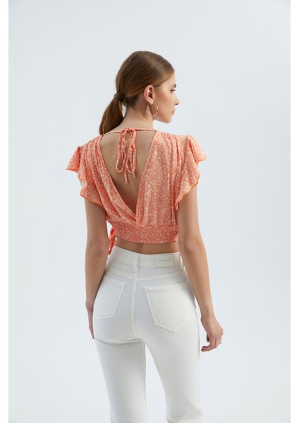 Kadın Çiçek Desenli V Yaka Yan Bağlamalı Crop Top Pink indirimleri