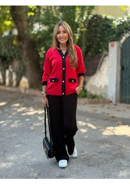 Kadın Uzun Kollu Ribanali Cep Detay Hırka ve Bol Paça Pantolon Ikili Takım modelleri