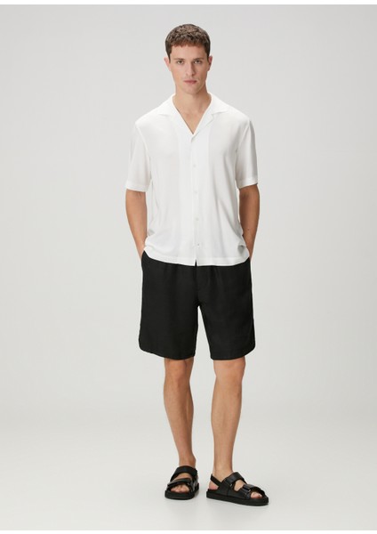 Siyah Beli Kordonlu Keten Bermuda