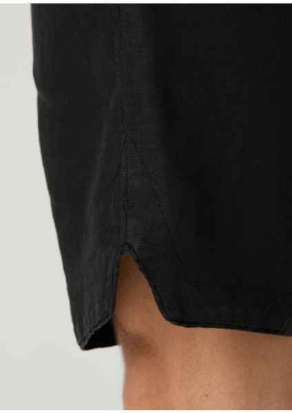 Siyah Beli Kordonlu Keten Bermuda