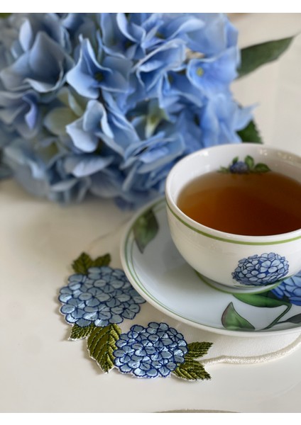 Ortanca Desenli 2'li Keten Mavi Bardak Altlığı modelleri