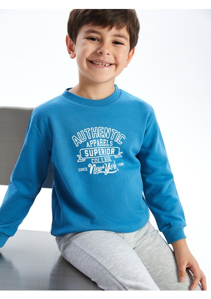 Yeni Sezon Bisiklet Yaka Uzun Kollu Baskılı Erkek Bebek Sweatshirt ve Eşofman Alt 2'li Takım